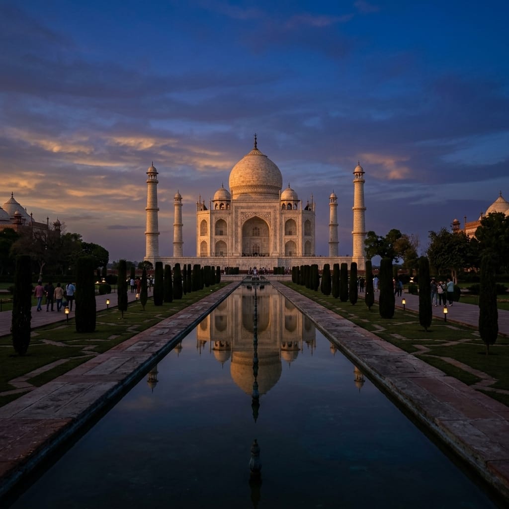Ancient Indian Taj Mahal bathed in golden sunrise light